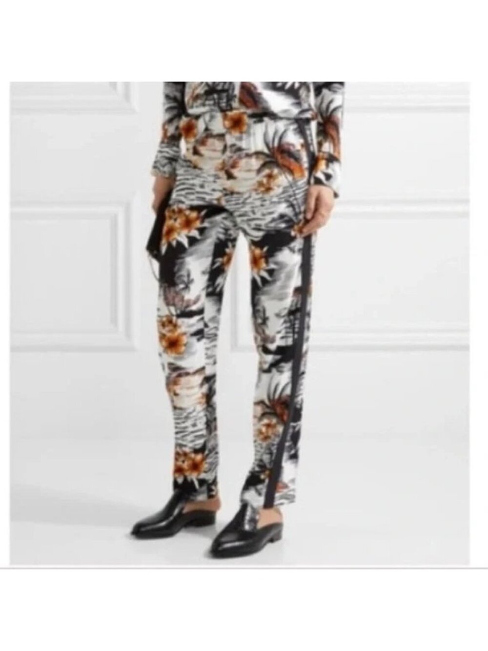 Maje Tropical Print Viscose Pants With Side Stripes & Silk Details Women's Size